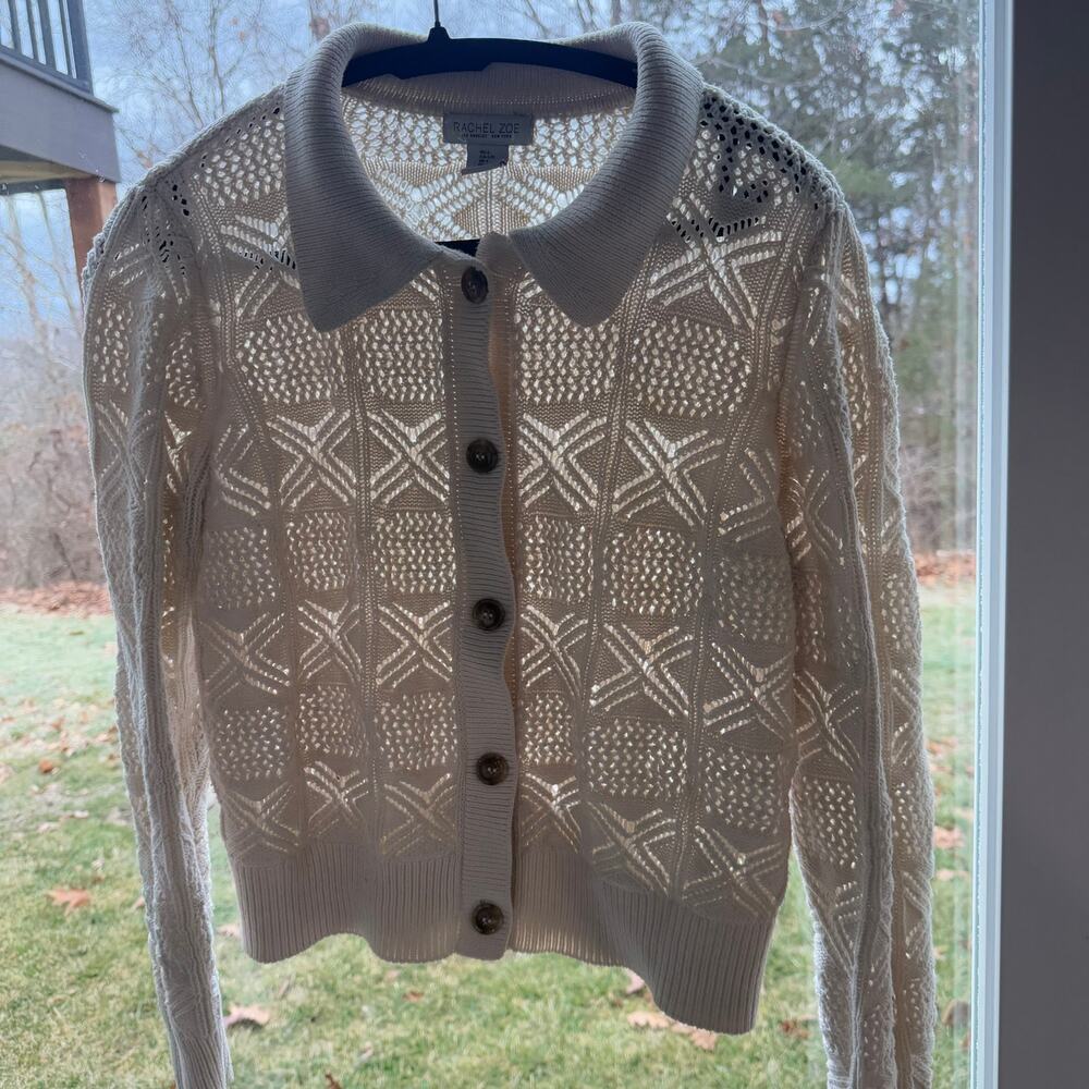 Rachel Zoe Cardigan Crochet Knit Collared Modern Women Size L Cream Ivory White - Picture 3 of 8